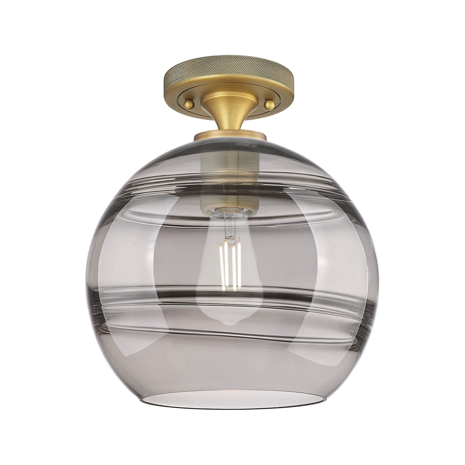 Innovations Rochester 10in 1-Light Flush Mount | Industrial Brushed Brass and Light Smoke Glass | Hallway & Bedroom | Model 434-1F-BB-G556-10SM