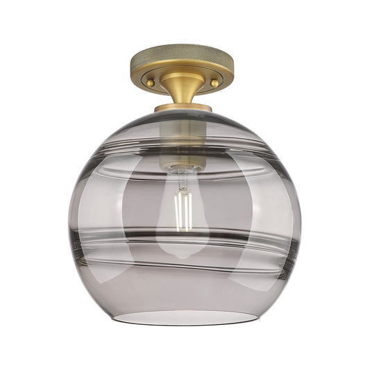 Innovations Rochester 10in 1-Light Flush Mount | Industrial Brushed Brass and Light Smoke Glass | Hallway & Bedroom | Model 434-1F-BB-G556-10SM