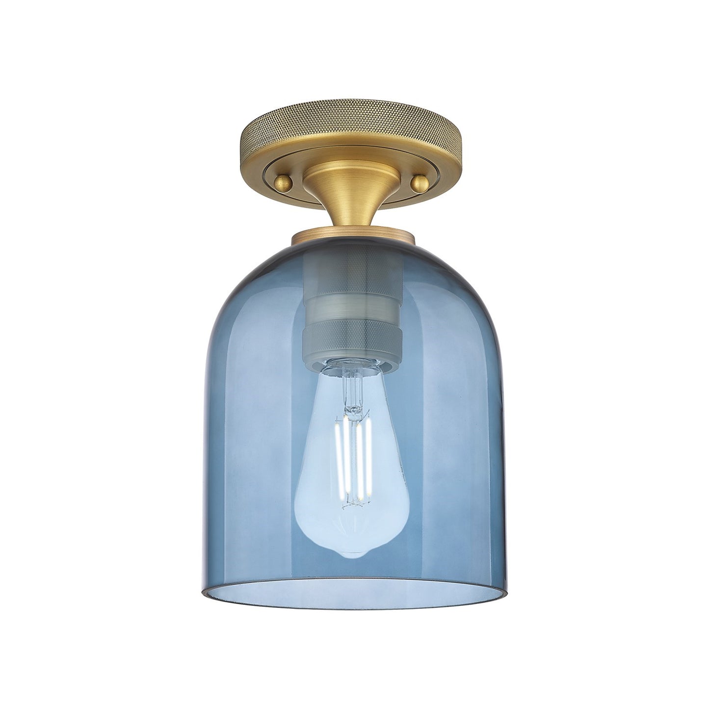 Innovations Bella 5.5in 1-Light Flush Mount | Industrial Brushed Brass and Blue Glass | Bathroom & Hallway | Model 434-1F-BB-G558-6BL