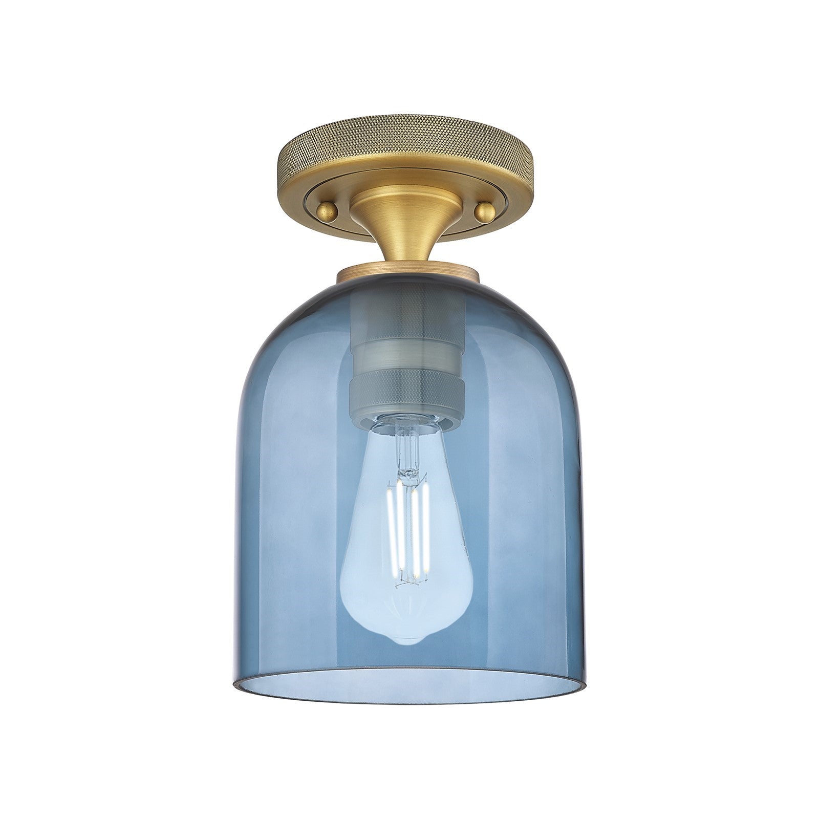 Innovations Bella 5.5in 1-Light Flush Mount | Industrial Brushed Brass and Blue Glass | Bathroom & Hallway | Model 434-1F-BB-G558-6BL
