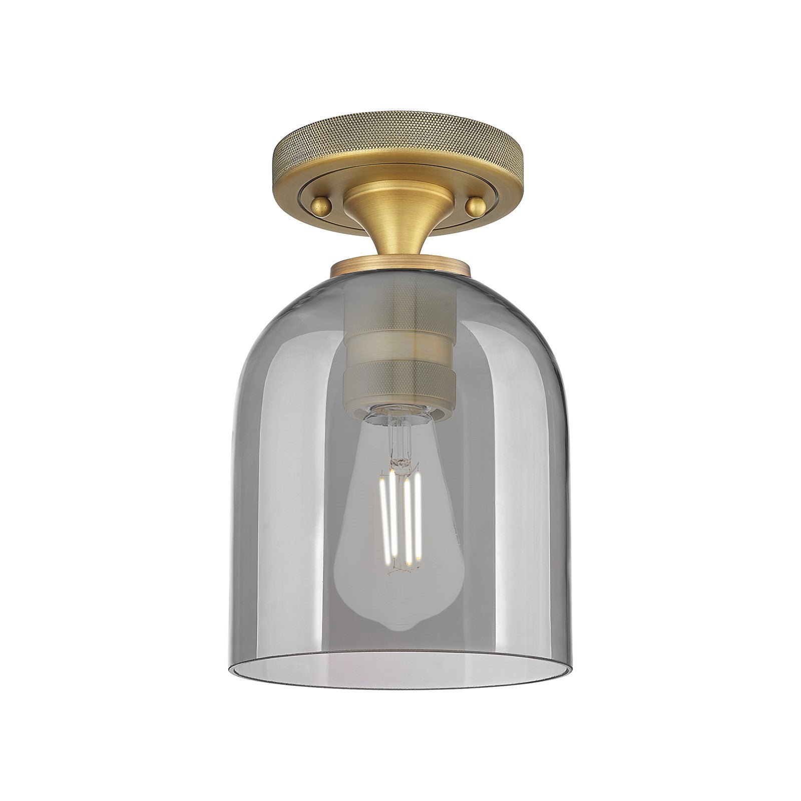 Innovations Bella 6in 1-Light Flush Mount | Industrial Brushed Brass and Light Smoke Glass | Hallway & Bathroom | Model 434-1F-BB-G558-6SM