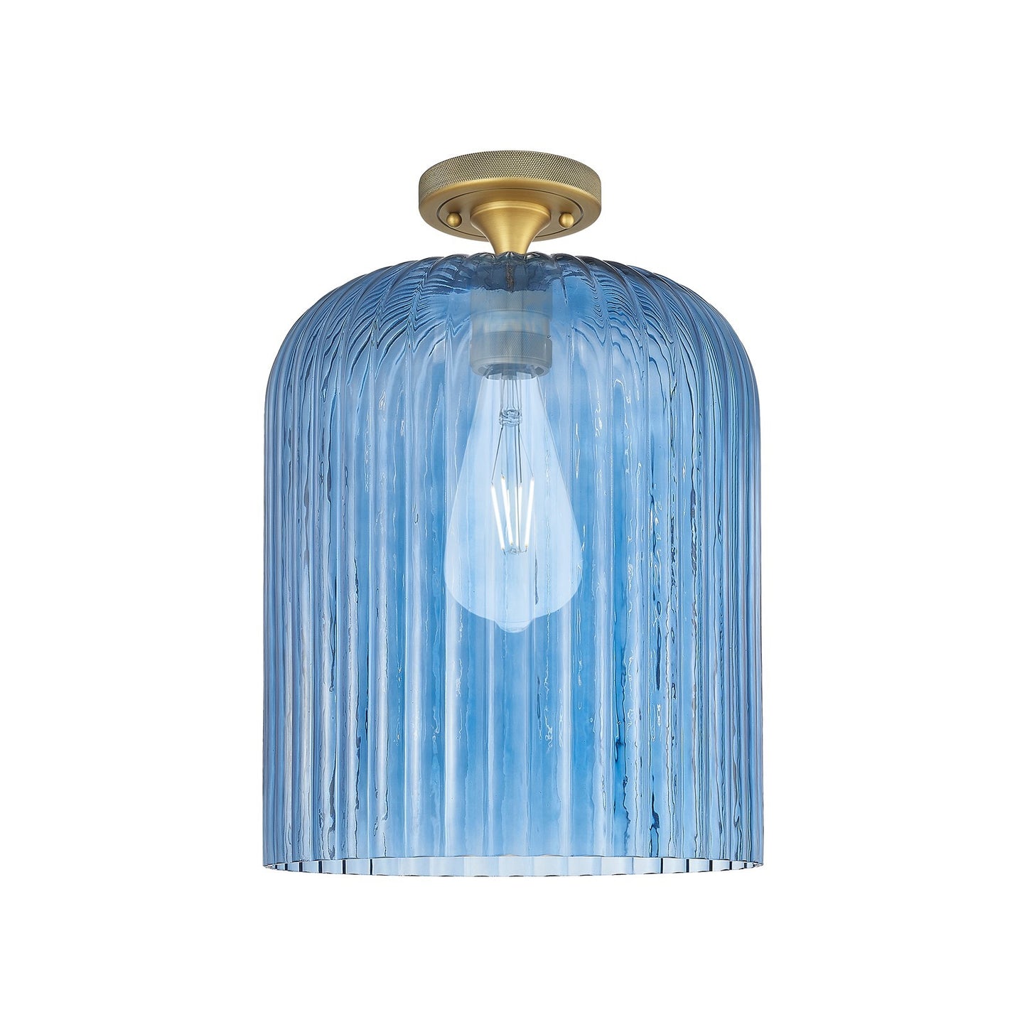 Innovations Crown Point 12in 1-Light Flush Mount | Industrial Brushed Brass and Princess Blue Glass | Hallway & Bathroom | Model 434-1F-BB-G559-12BL