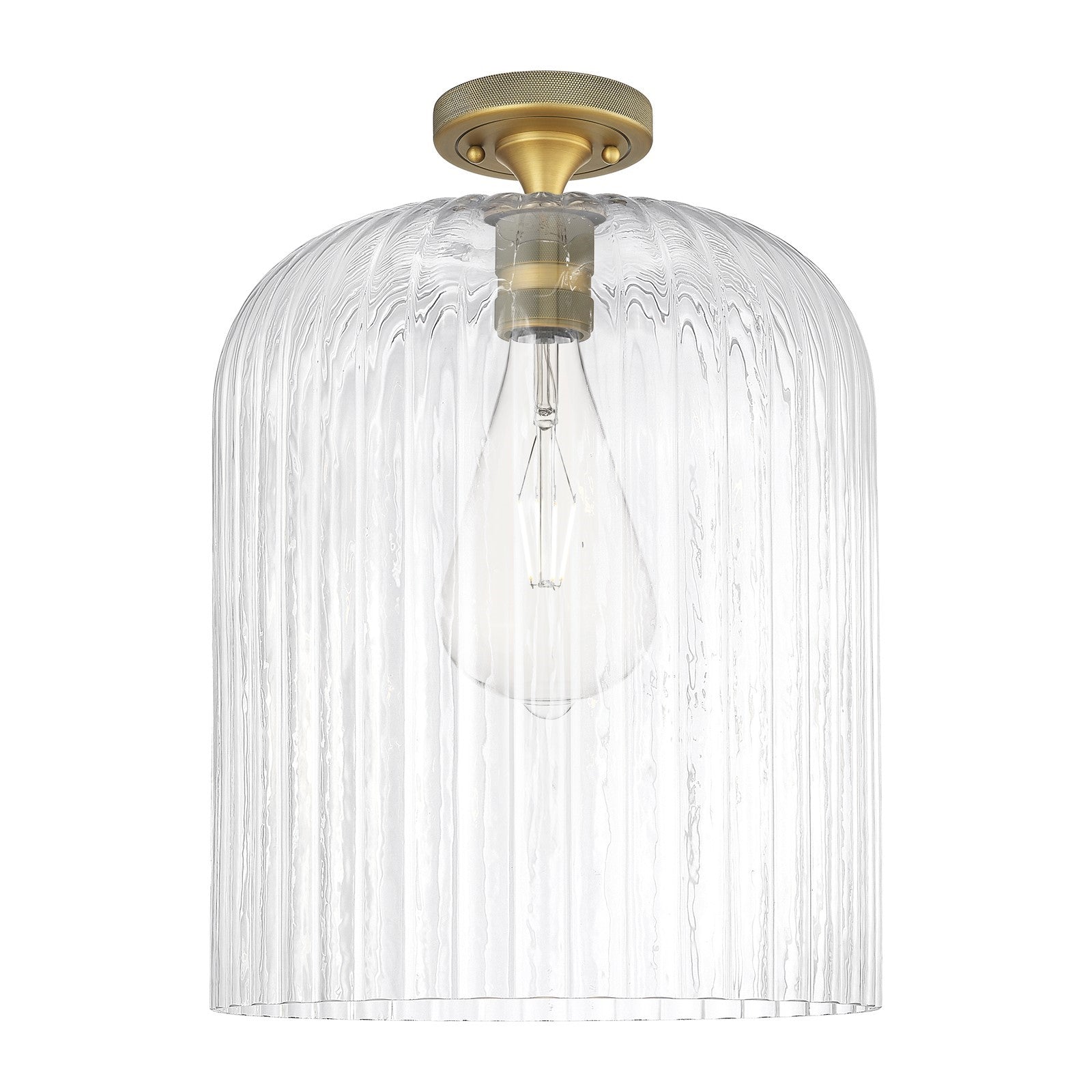 Innovations Crown Point 12in 1-Light Flush Mount | Industrial Brushed Brass and Clear Ribbed Glass | Hallway & Bedroom | Model 434-1F-BB-G559-12CL