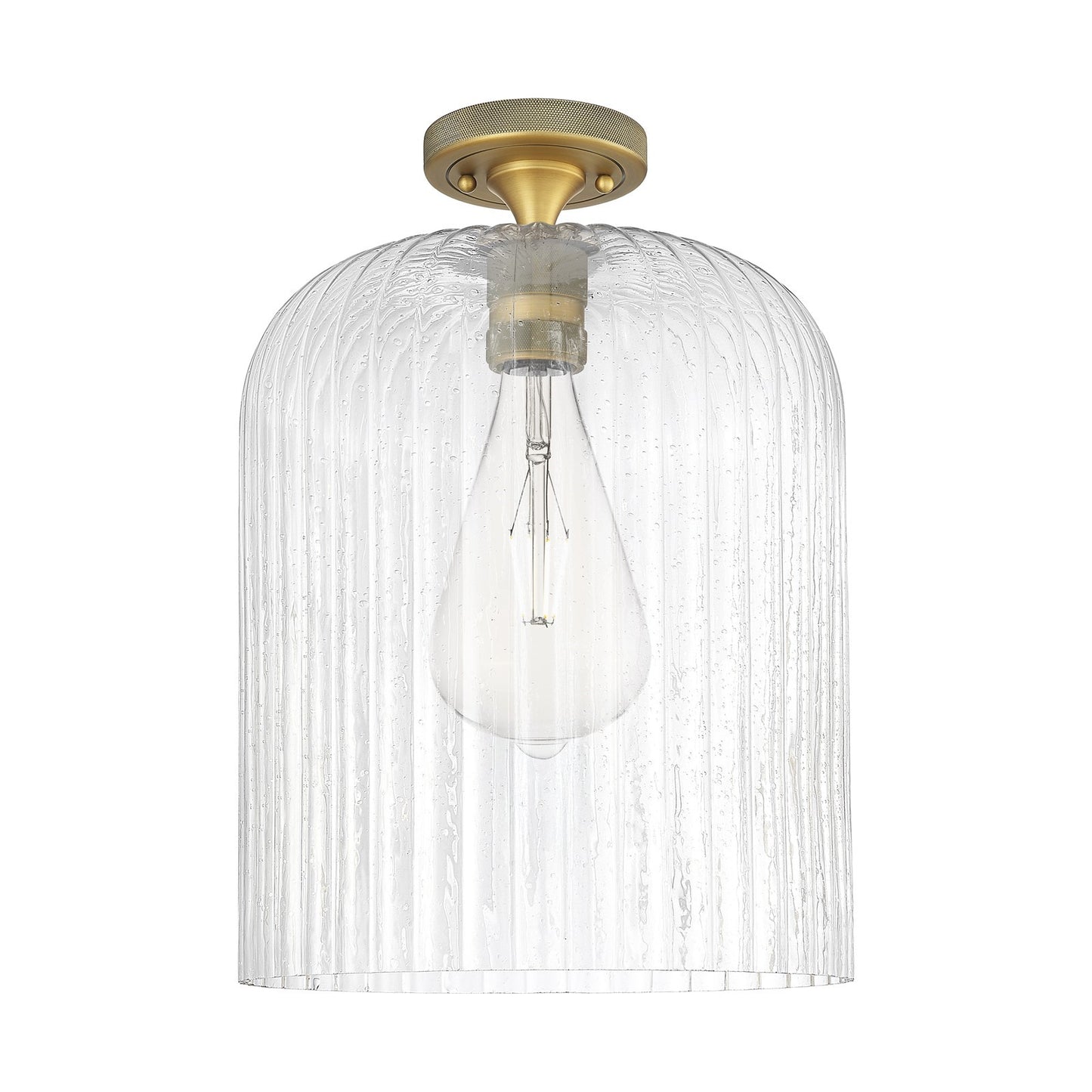 Innovations Crown Point 12in 1-Light Flush Mount | Industrial Brushed Brass and Seedy Ribbed Glass | Hallway & Bedroom | Model 434-1F-BB-G559-12SDY