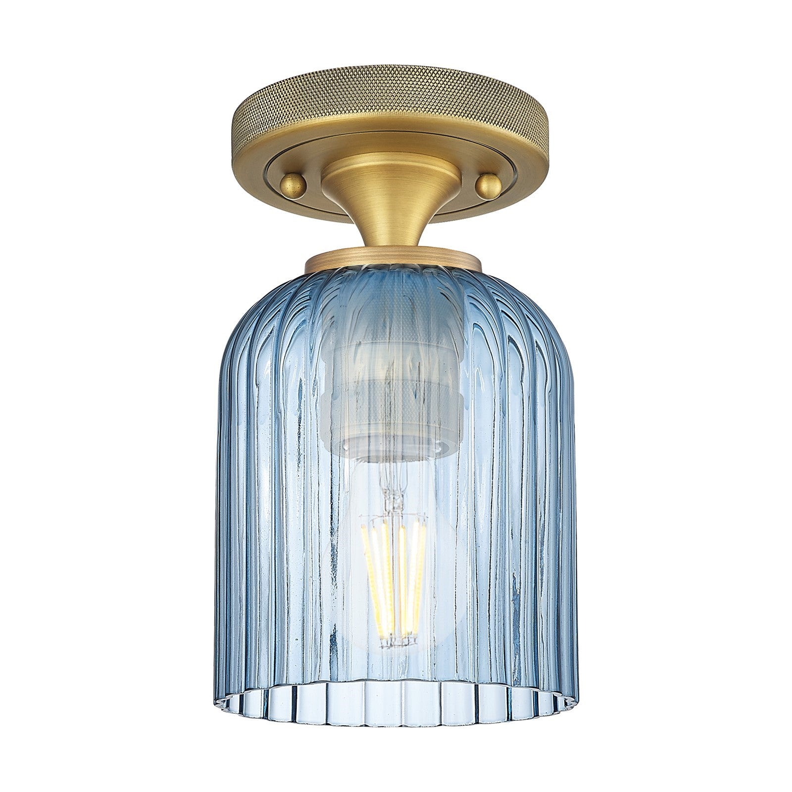 Innovations Crown Point 5in 1-Light Flush Mount | Industrial Brushed Brass and Princess Blue Glass | Hallway & Bedroom | Model 434-1F-BB-G559-5BL