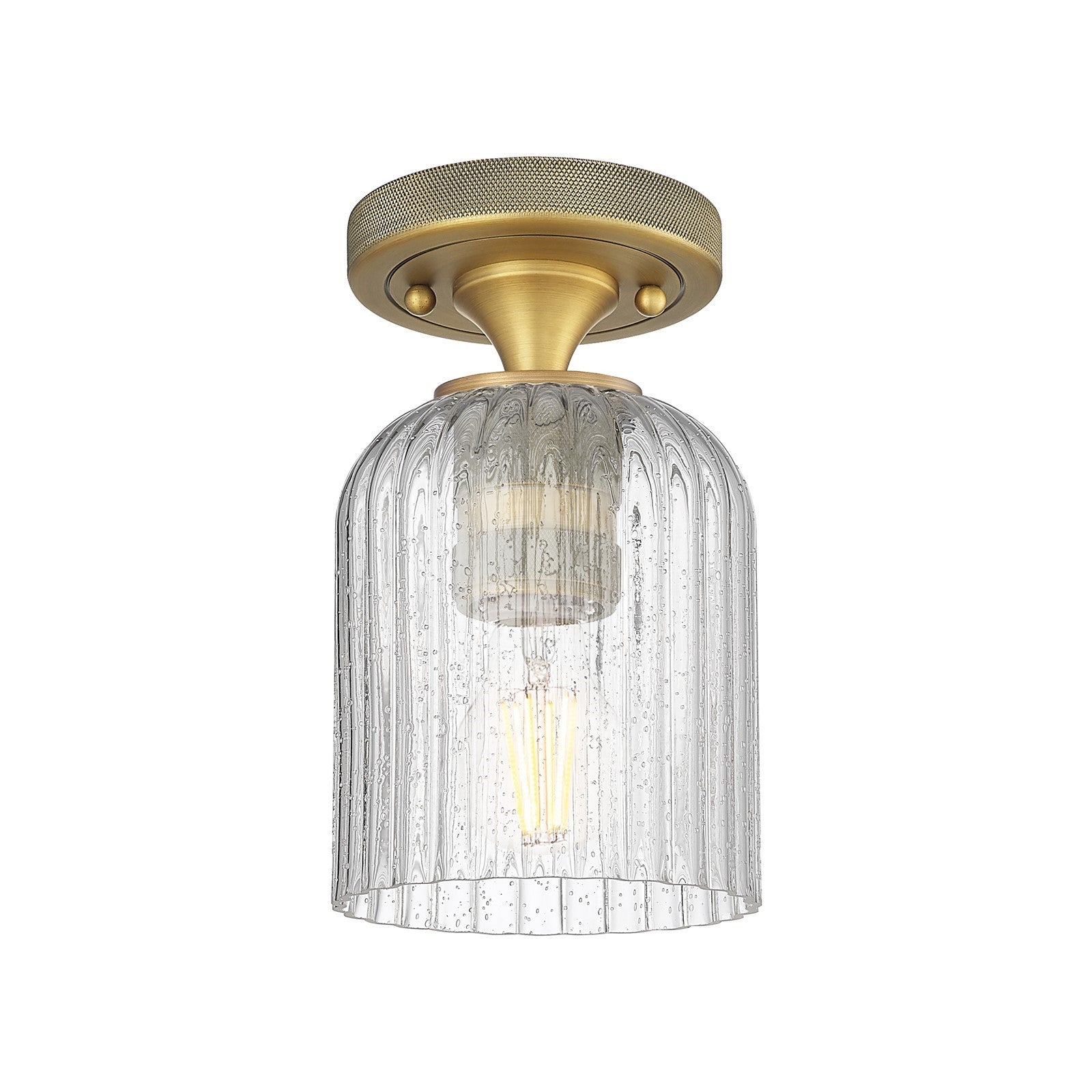 Innovations Crown Point 5in 1-Light Flush Mount | Industrial Brushed Brass and Seedy Glass | Hallway & Bedroom | Model 434-1F-BB-G559-5SDY
