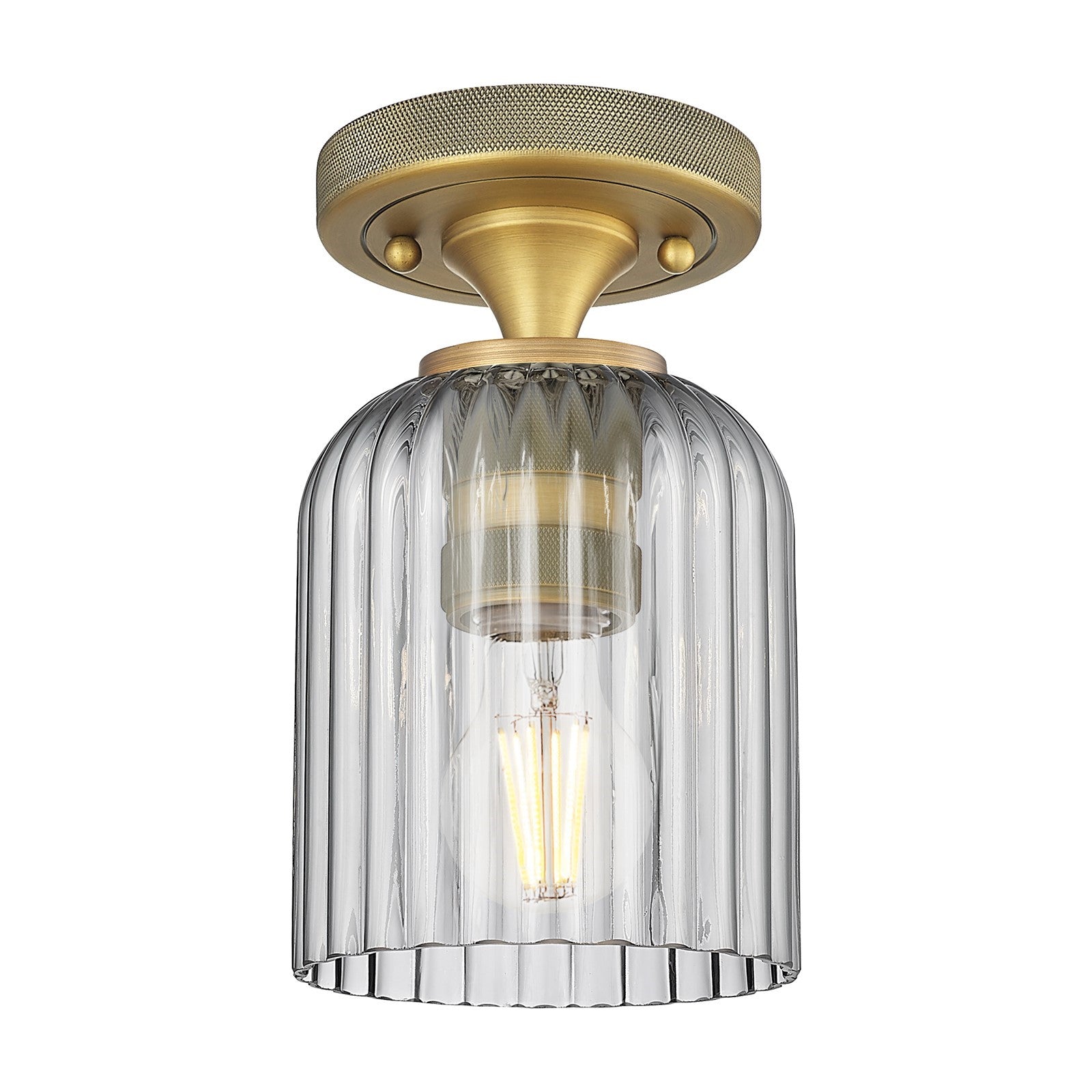 Innovations Crown Point 5in 1-Light Flush Mount | Industrial Brushed Brass and Light Smoke Glass | Hallway & Bedroom | Model 434-1F-BB-G559-5SM