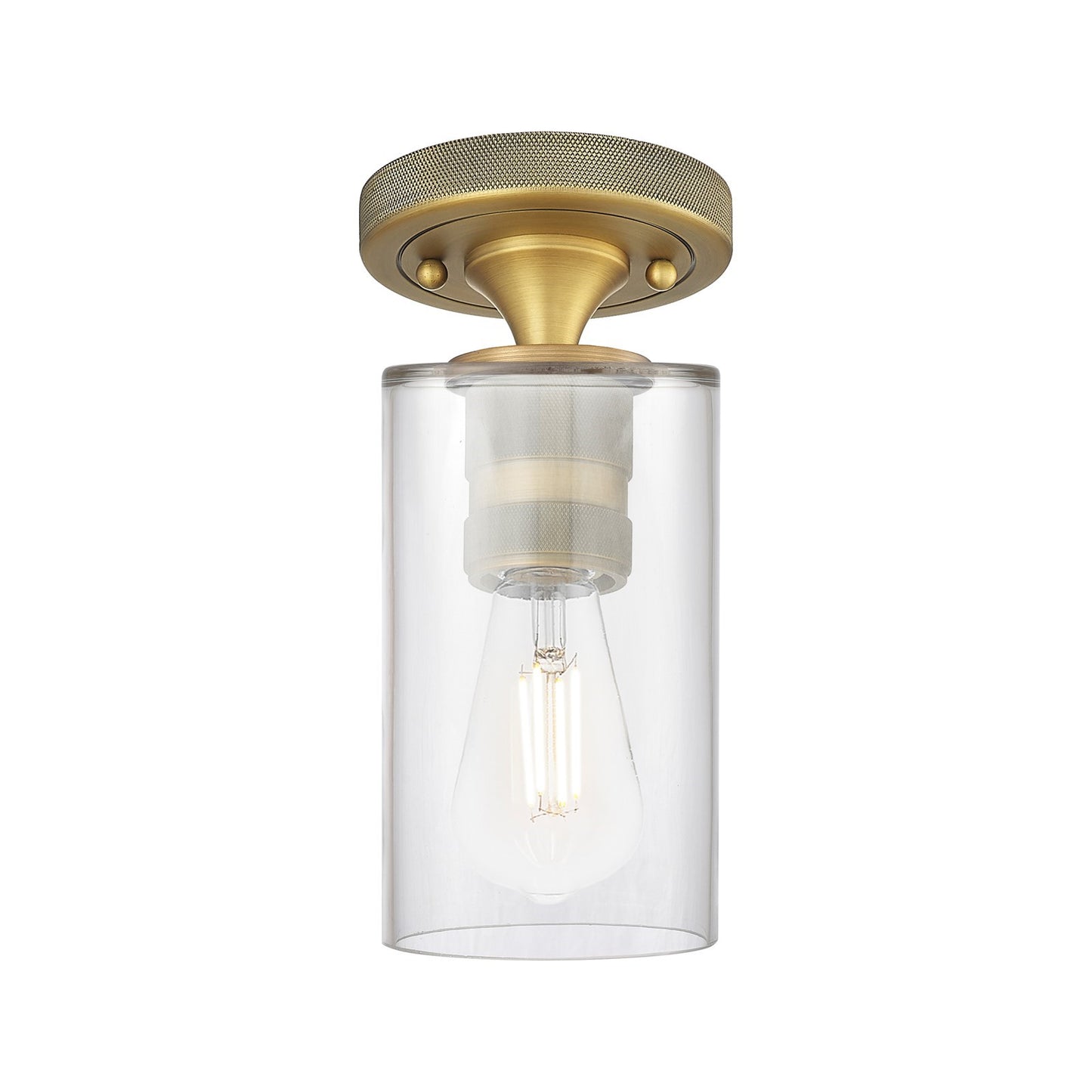 Innovations Clymer 4in 1-Light Flush Mount | Industrial Brushed Brass and Clear Glass | Bathroom & Hallway | 4 x 4 x 8 in | Model 434-1F-BB-G802