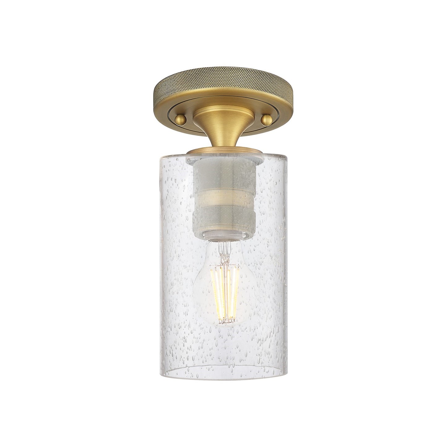Innovations Clymer 4in 1-Light Flush Mount | Industrial Brushed Brass and Seedy Glass | Bathroom & Hallway | 4 x 4 x 8 in | Model 434-1F-BB-G804