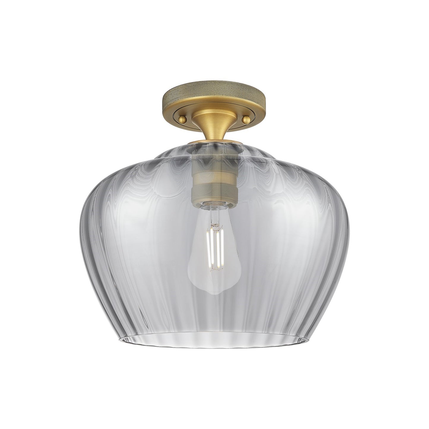 Innovations Fenton 11in 1-Light Flush Mount | Industrial Brushed Brass and Light Smoke Ribbed Glass | Hallway & Bedroom | Model 434-1F-BB-G93-L