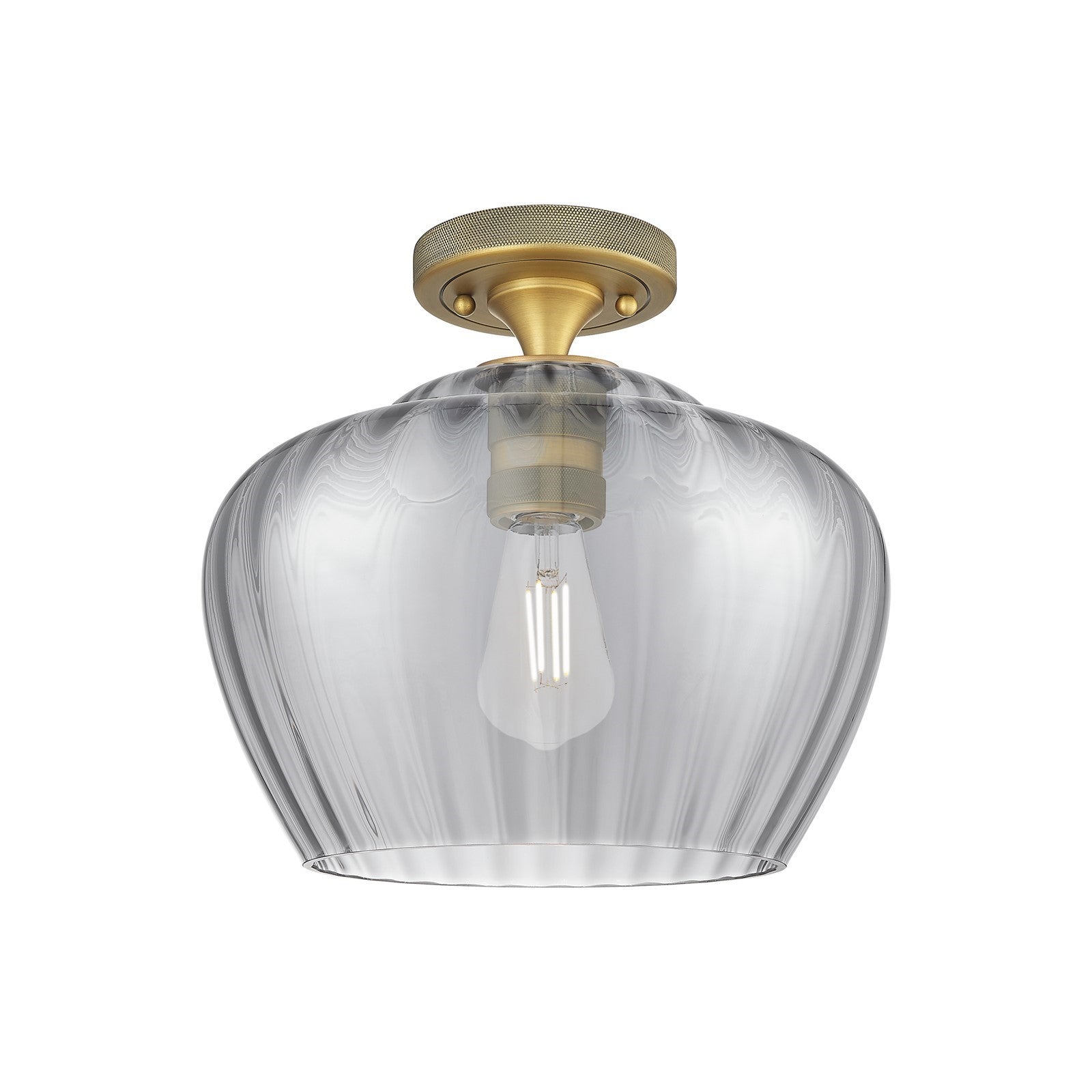 Innovations Fenton 11in 1-Light Flush Mount | Industrial Brushed Brass and Light Smoke Ribbed Glass | Hallway & Bedroom | Model 434-1F-BB-G93-L