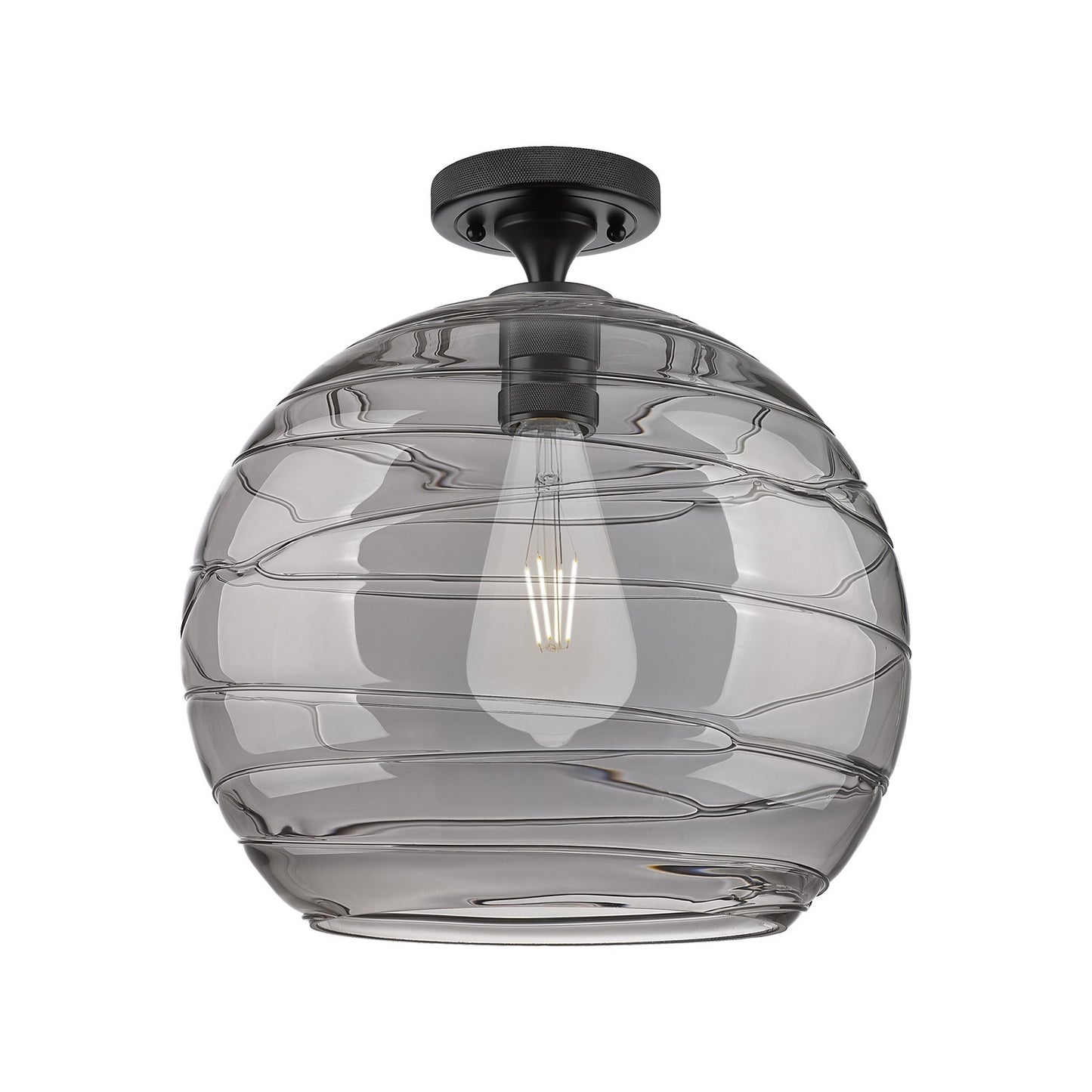 Innovations Athens Deco Swirl 14in 1-Light Flush Mount | Industrial Matte Black and Light Smoke Glass | Hallway | Model 434-1F-BK-G1213-14SM