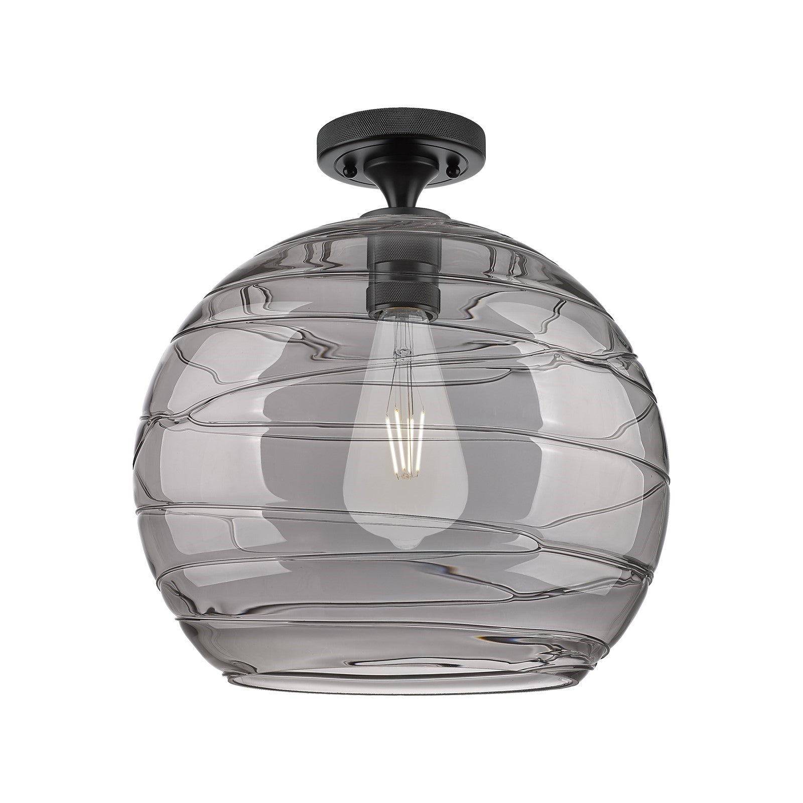Innovations Athens Deco Swirl 14in 1-Light Flush Mount | Industrial Matte Black and Light Smoke Glass | Hallway | Model 434-1F-BK-G1213-14SM