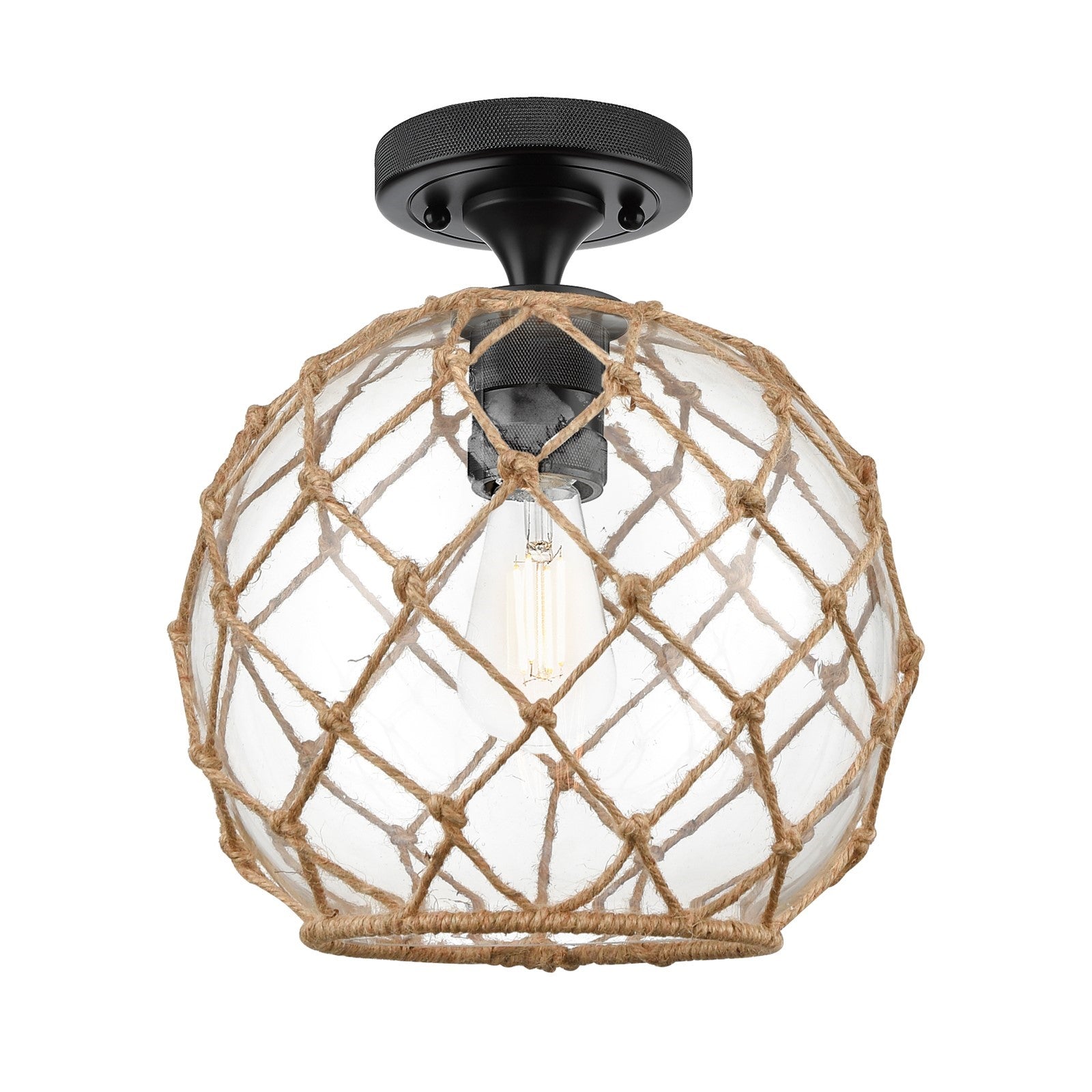 Innovations Farmhouse Rope 10in 1-Light Flush Mount | Industrial Matte Black and Clear Glass Brown Rope | Hallway | Model 434-1F-BK-G122-10RB