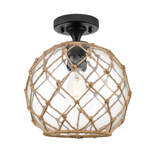 Innovations Farmhouse Rope 10in 1-Light Flush Mount | Industrial Matte Black and Clear Glass Brown Rope | Hallway | Model 434-1F-BK-G122-10RB