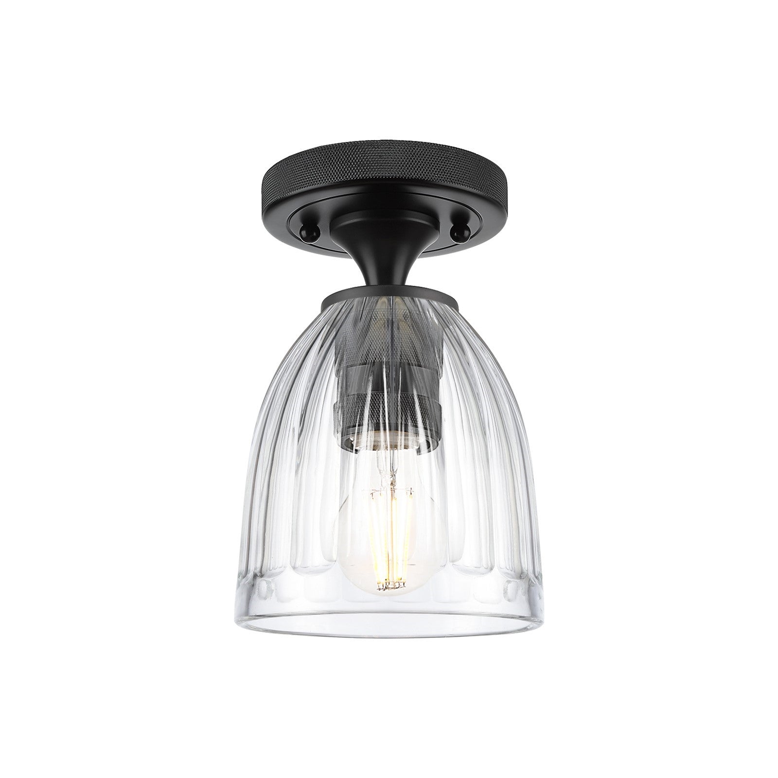 Innovations Brookfield 5.75in 1-Light Flush Mount | Industrial Matte Black and Clear Ribbed Glass | Hallway & Bedroom | Model 434-1F-BK-G442