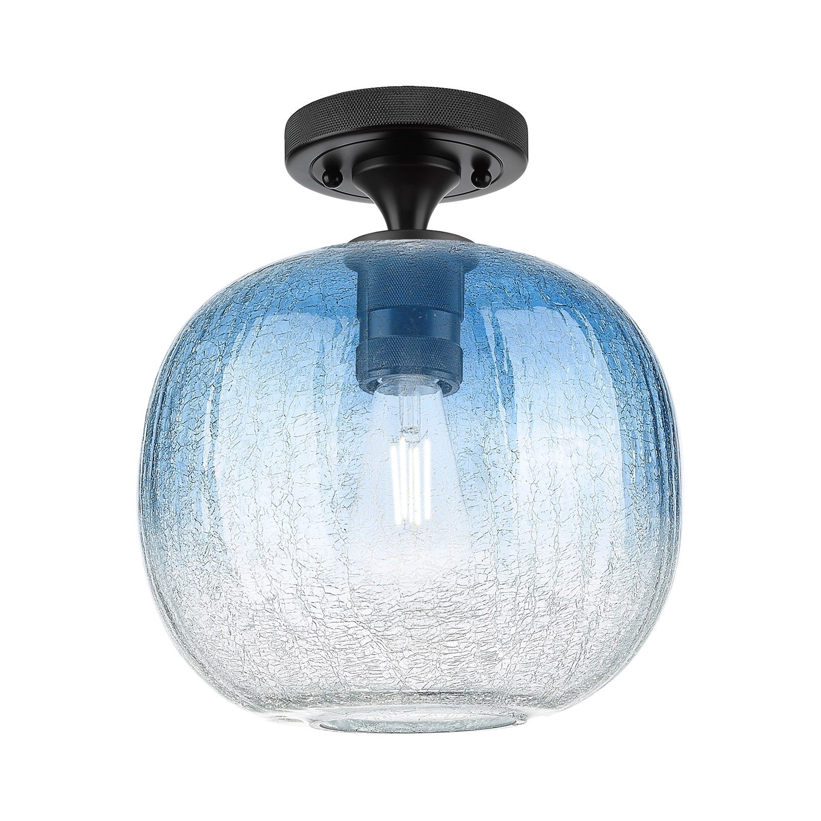 Innovations Brookhaven Sphere 10in 1-Light Flush Mount | Industrial Matte Black and Sapphire Blue Glass | Hallway | Model 434-1F-BK-G481-10SB