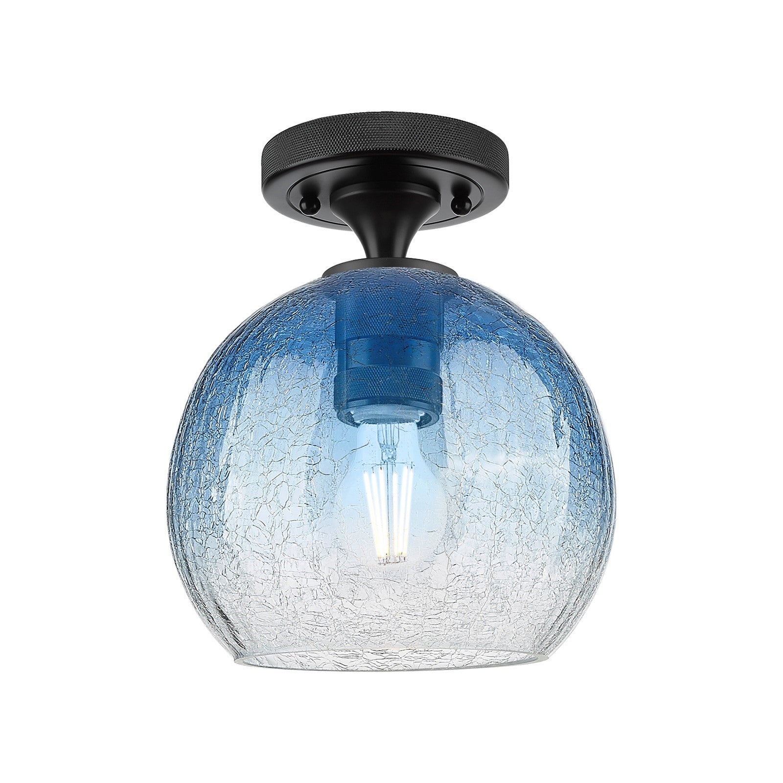 Innovations Brookhaven Globe 8in 1-Light Flush Mount | Industrial Matte Black and Sapphire Blue Glass | Hallway & Bedroom | Model 434-1F-BK-G483-8SB
