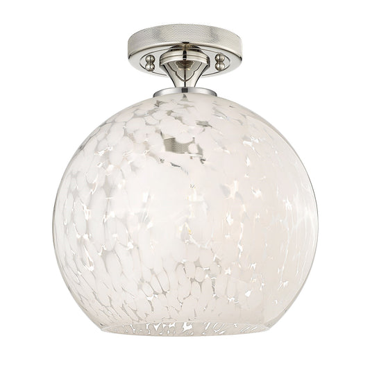Innovations White Mouchette 10in 1-Light Flush Mount | Industrial Polished Nickel and White Mouchette Glass | Bathroom | Model 434-1F-PN-G1216-10WM