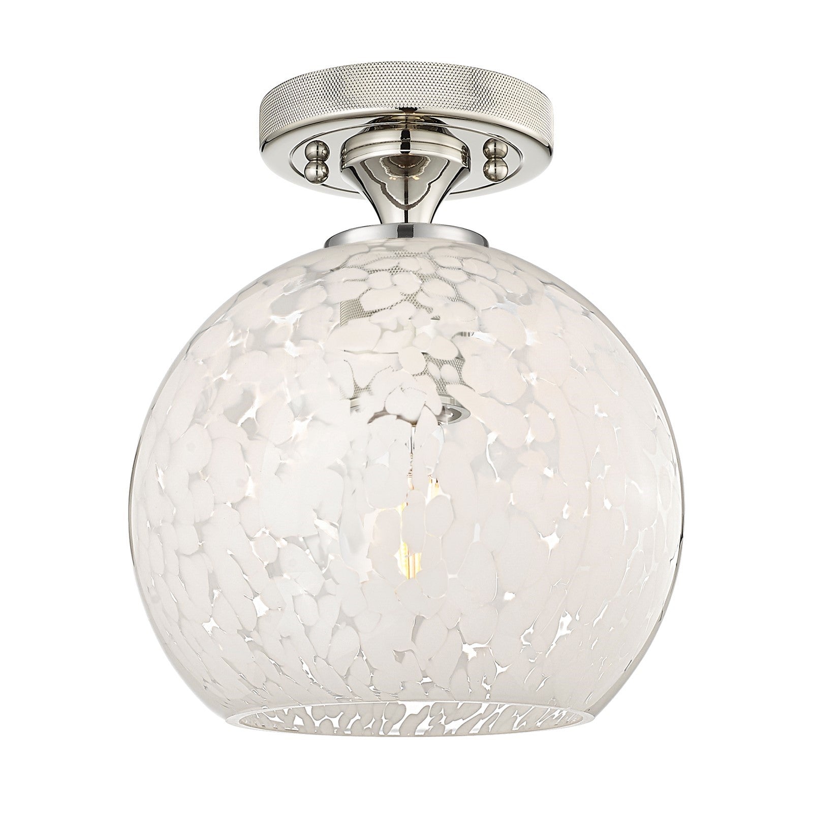 Innovations White Mouchette 8in 1-Light Flush Mount | Industrial Polished Nickel and White Glass | Hallway & Bedroom | Model 434-1F-PN-G1216-8WM