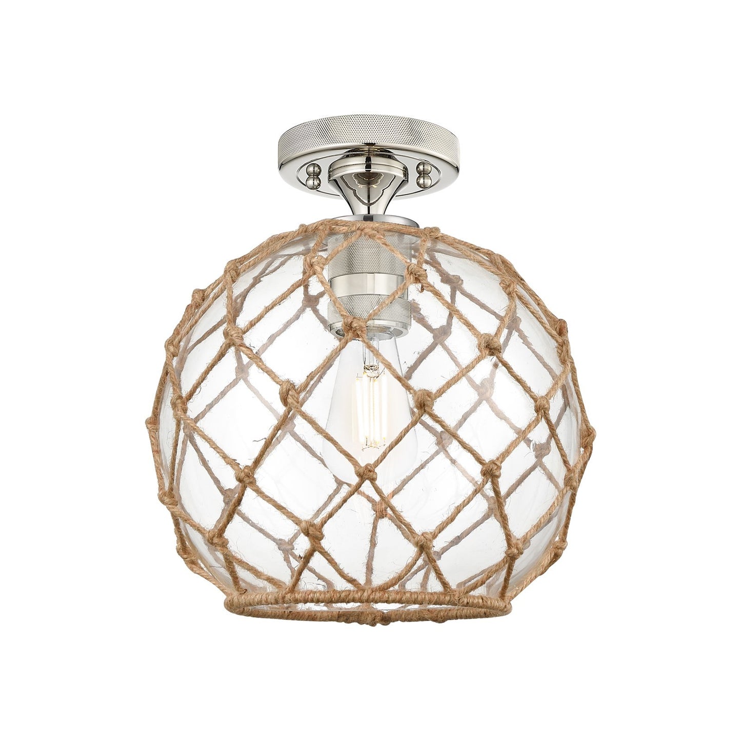 Innovations Farmhouse Rope 10in 1-Light Flush Mount | Industrial Polished Nickel and Clear Glass with Brown Rope | Model 434-1F-PN-G122-10RB