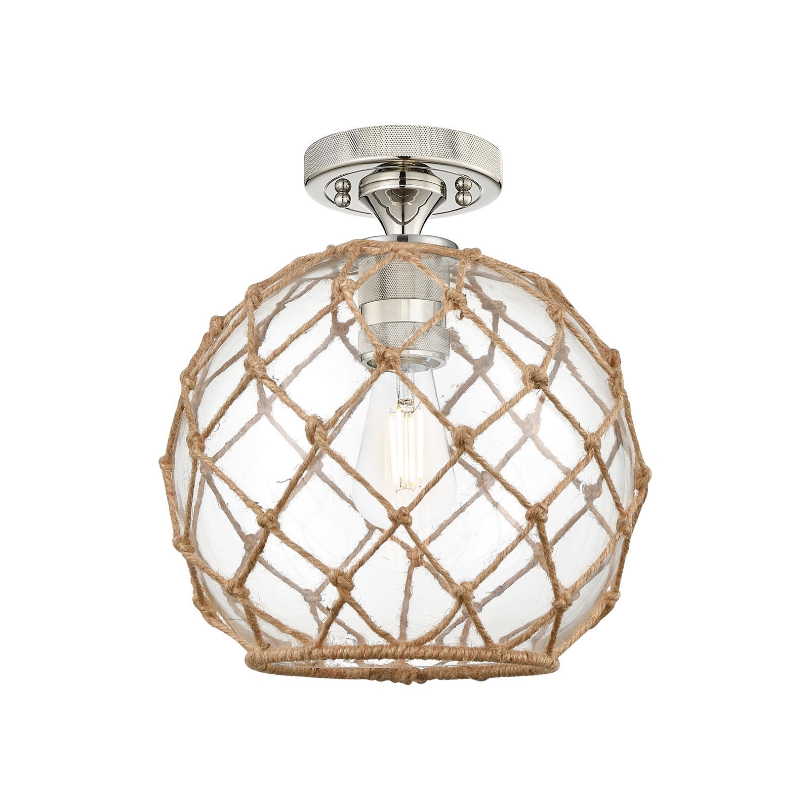 Innovations Farmhouse Rope 10in 1-Light Flush Mount | Industrial Polished Nickel and Clear Glass with Brown Rope | Model 434-1F-PN-G122-10RB