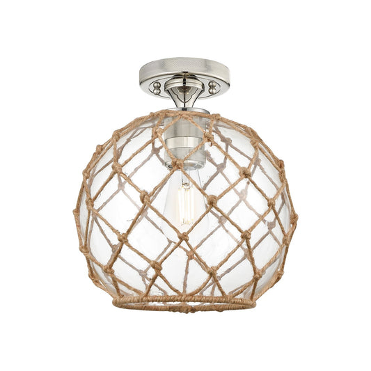 Innovations Farmhouse Rope 10in 1-Light Flush Mount | Industrial Polished Nickel and Clear Glass with Brown Rope | Model 434-1F-PN-G122-10RB