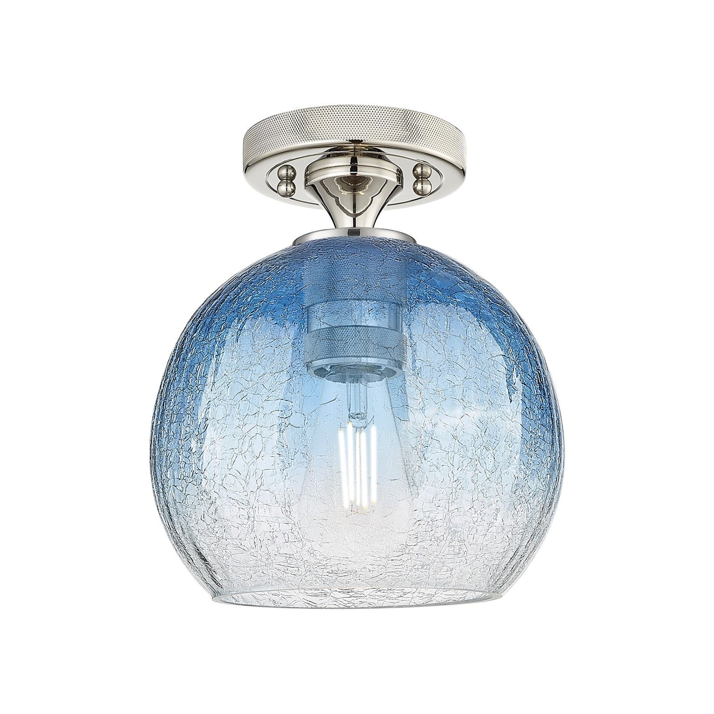 Innovations Brookhaven Globe 7.9in 1-Light Flush Mount | Industrial Polished Nickel and Sapphire Blue Glass | Hallway | Model 434-1F-PN-G483-8SB