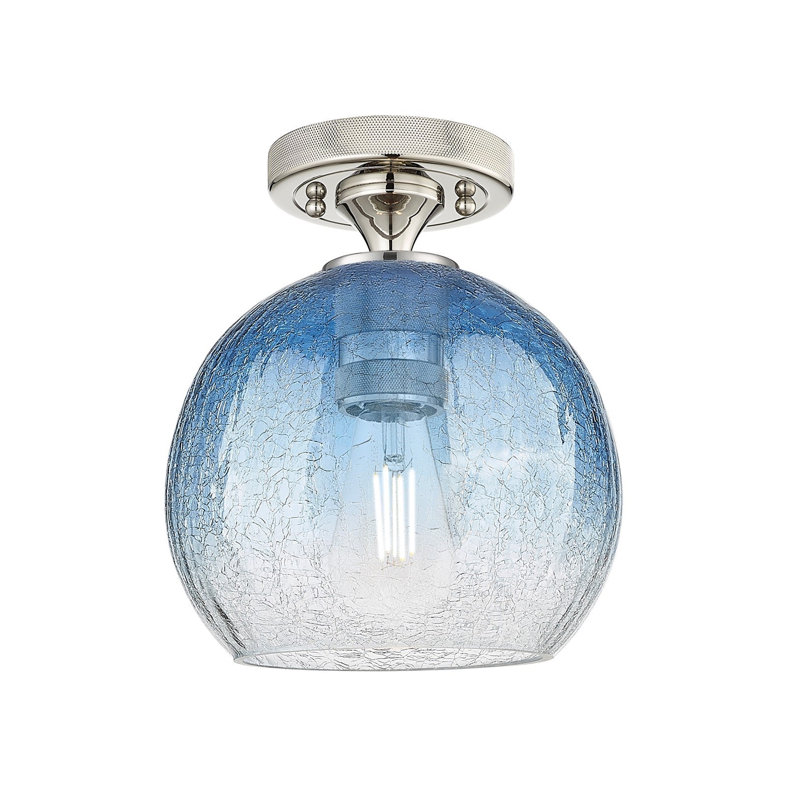 Innovations Brookhaven Globe 7.9in 1-Light Flush Mount | Industrial Polished Nickel and Sapphire Blue Glass | Hallway | Model 434-1F-PN-G483-8SB