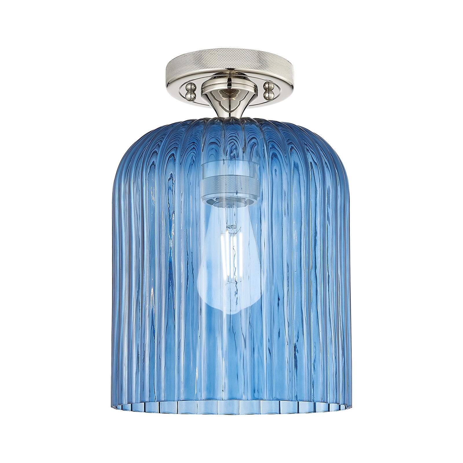Innovations Crown Point 8in 1-Light Flush Mount | Industrial Polished Nickel and Princess Blue Glass | Hallway & Bathroom | Model 434-1F-PN-G559-8BL