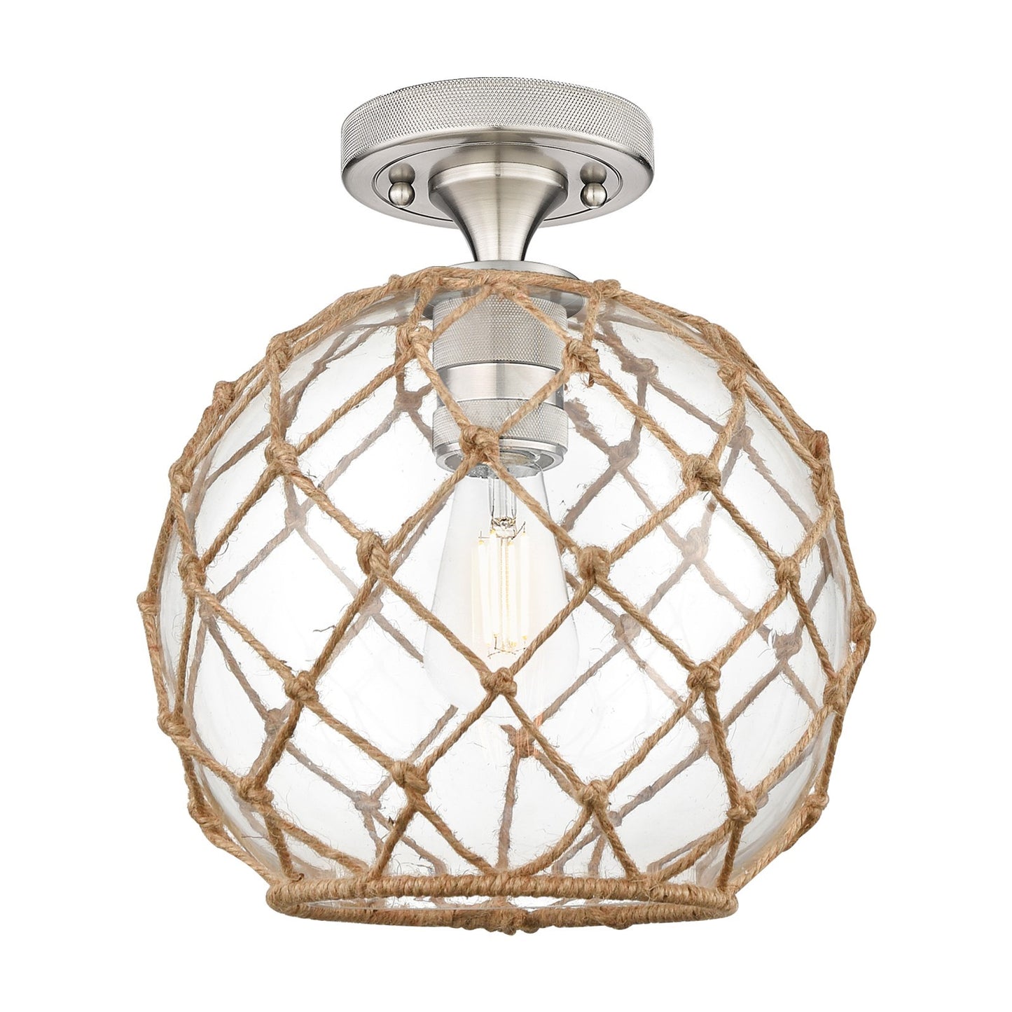 Innovations Farmhouse Rope 10in 1-Light Flush Mount | Industrial Satin Nickel and Clear Glass Brown Rope | Hallway | Model 434-1F-SN-G122-10RB