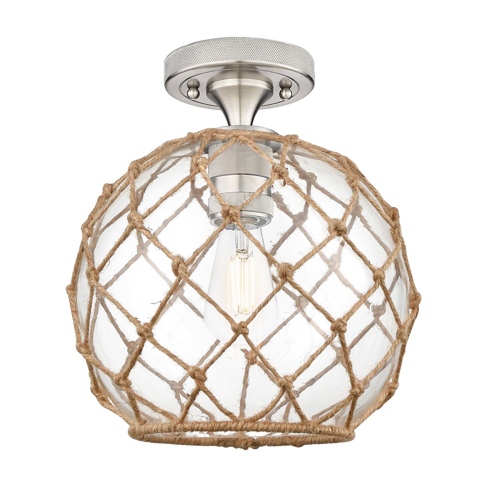 Innovations Farmhouse Rope 10in 1-Light Flush Mount | Industrial Satin Nickel and Clear Glass Brown Rope | Hallway | Model 434-1F-SN-G122-10RB