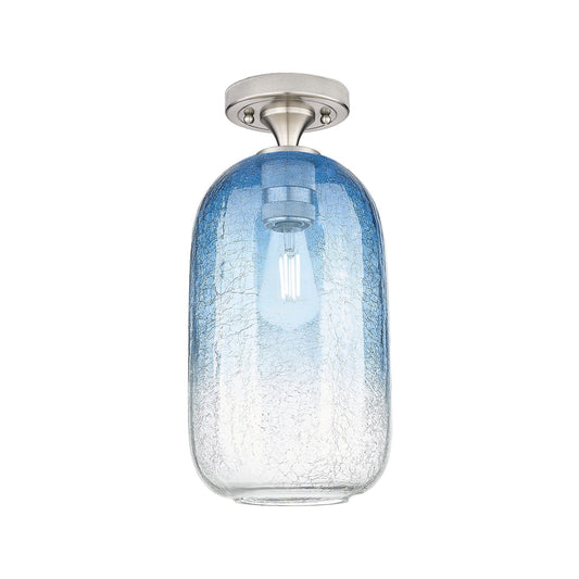 Innovations Brookhaven Cloche 7in 1-Light Flush Mount | Industrial Satin Nickel and Sapphire Blue Glass | Hallway | Model 434-1F-SN-G482-7SB