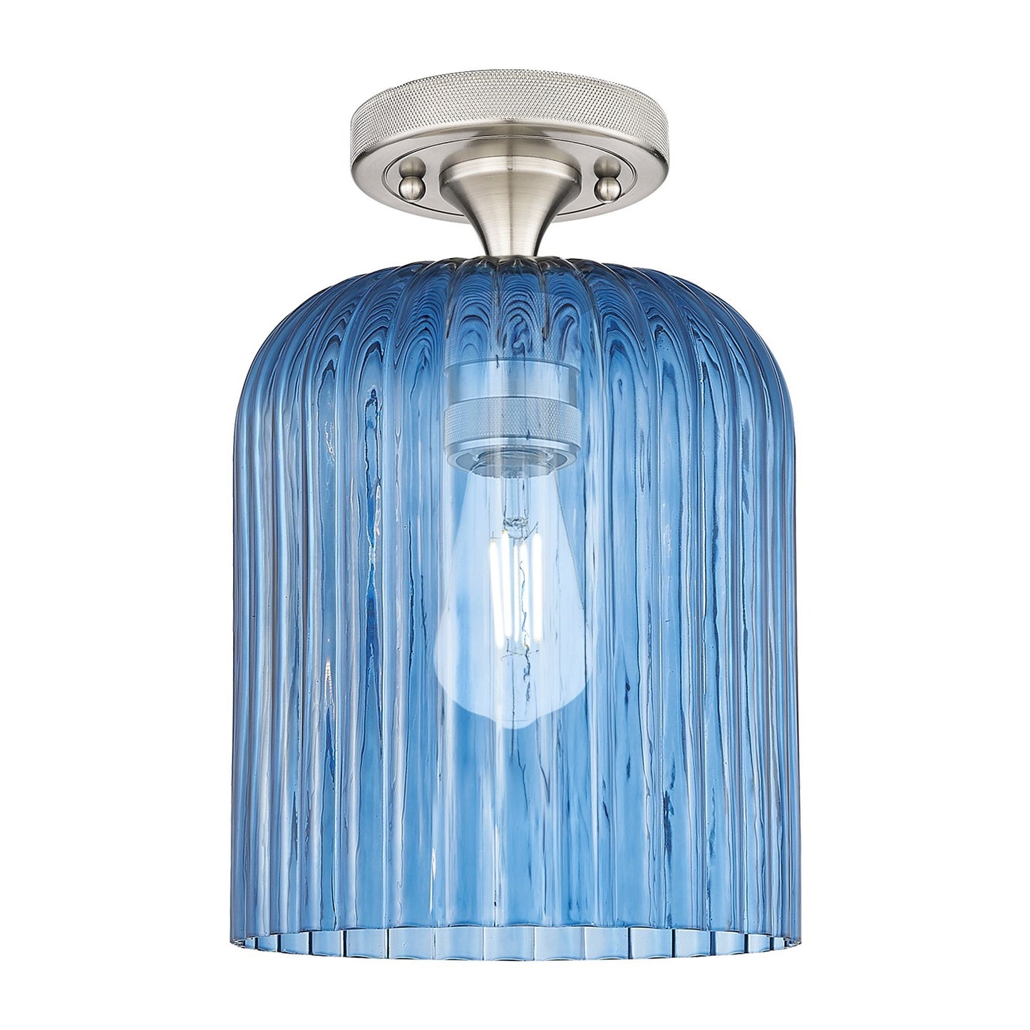 Innovations Crown Point 8in 1-Light Flush Mount | Industrial Satin Nickel and Princess Blue Glass | Hallway & Bathroom | Model 434-1F-SN-G559-8BL