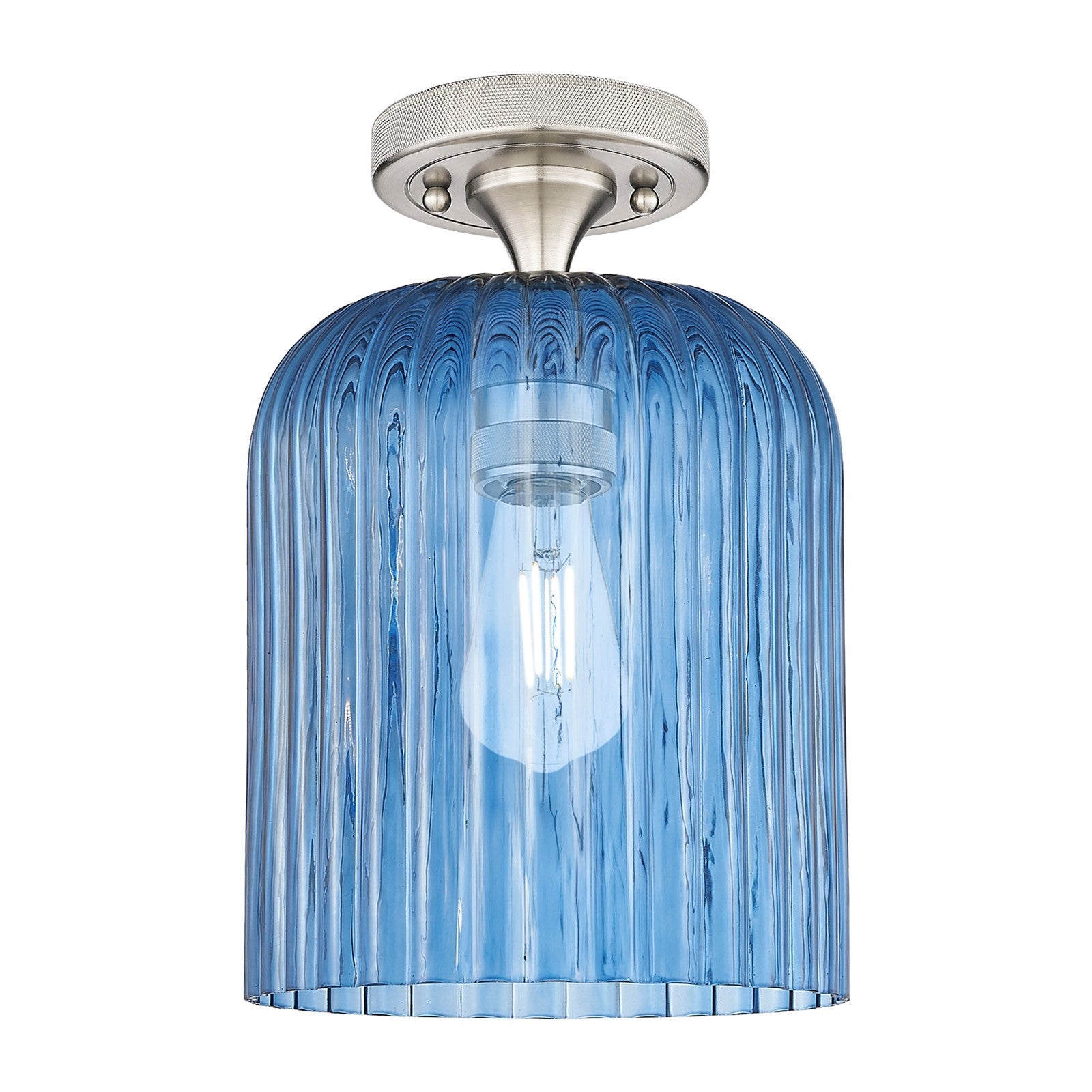 Innovations Crown Point 8in 1-Light Flush Mount | Industrial Satin Nickel and Princess Blue Glass | Hallway & Bathroom | Model 434-1F-SN-G559-8BL