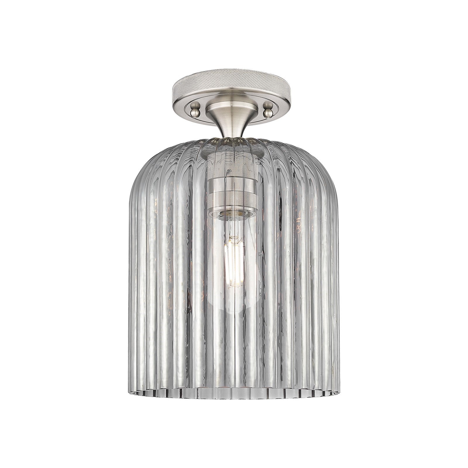 Innovations Crown Point 8in 1-Light Flush Mount | Industrial Satin Nickel and Light Smoke Glass | Hallway & Bathroom | Model 434-1F-SN-G559-8SM