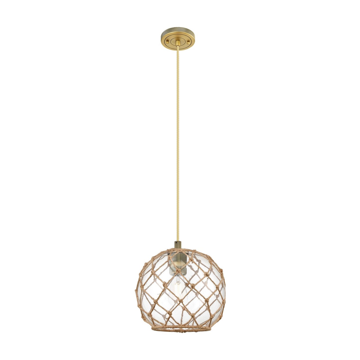 Innovations Farmhouse Rope 10in 1-Light Pendant | Industrial Brushed Brass and Clear Glass Brown Rope | Kitchen Island | Model 434-1P-BB-G122-10RB
