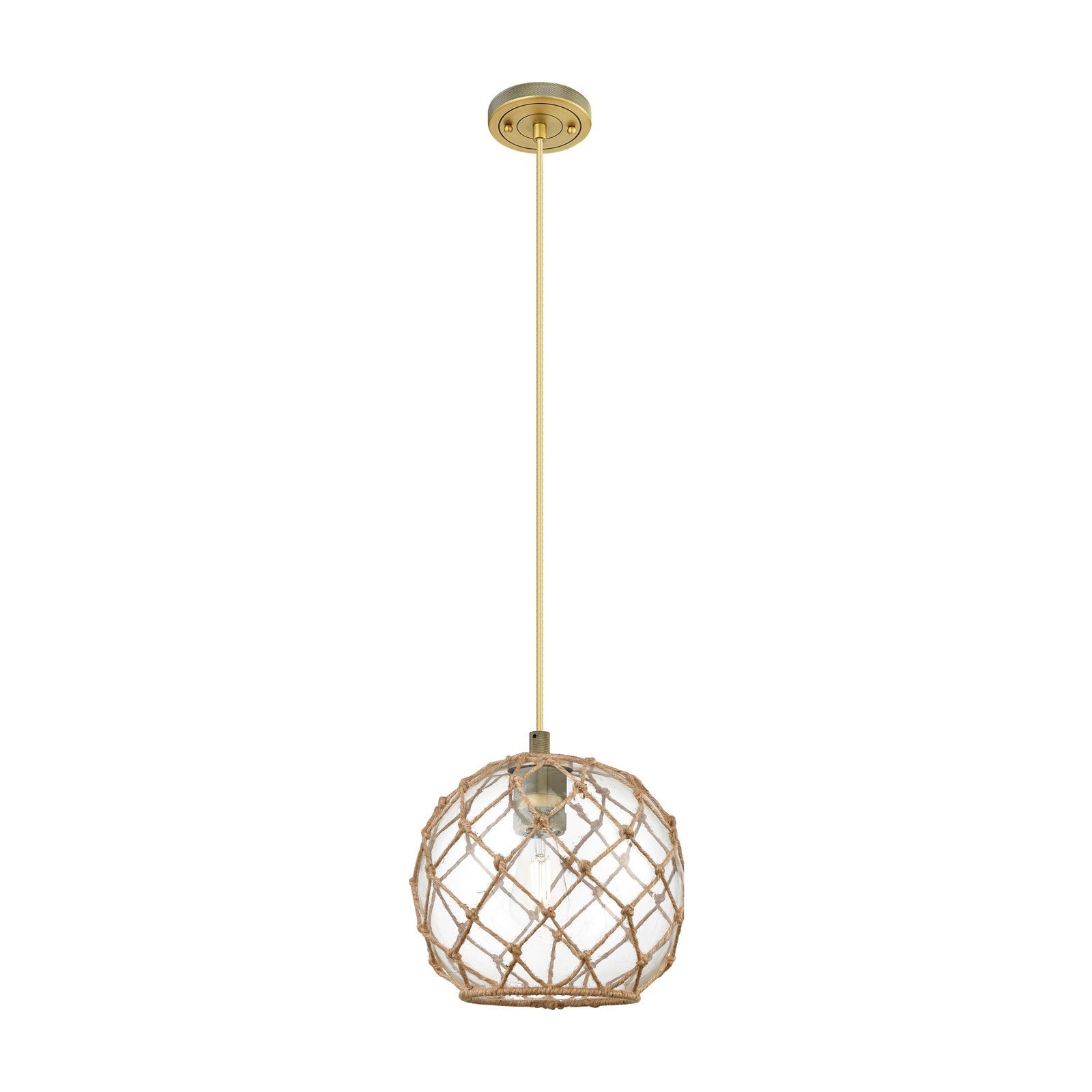 Innovations Farmhouse Rope 10in 1-Light Pendant | Industrial Brushed Brass and Clear Glass Brown Rope | Kitchen Island | Model 434-1P-BB-G122-10RB