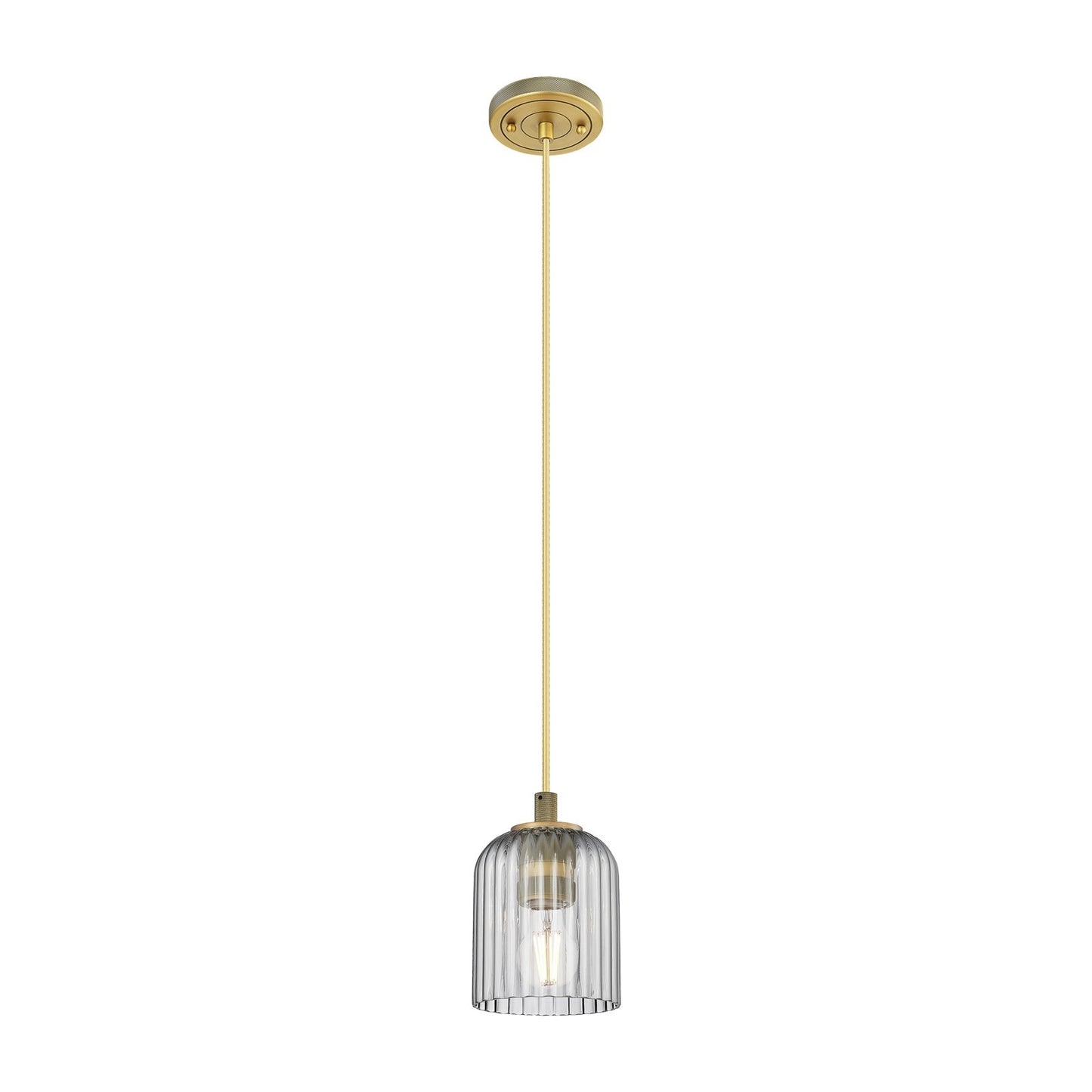 Innovations Crown Point 5in 1-Light Pendant | Industrial Brushed Brass and Light Smoke Glass | Kitchen Island & Dining | Model 434-1P-BB-G559-5SM