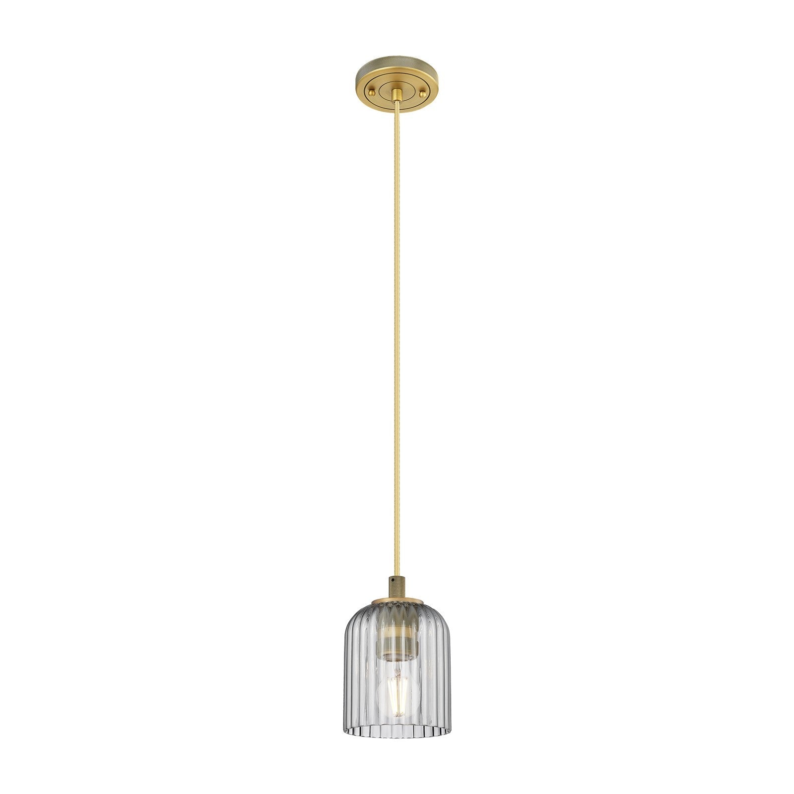 Innovations Crown Point 5in 1-Light Pendant | Industrial Brushed Brass and Light Smoke Glass | Kitchen Island & Dining | Model 434-1P-BB-G559-5SM