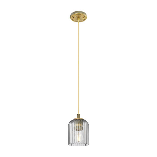 Innovations Crown Point 5in 1-Light Pendant | Industrial Brushed Brass and Light Smoke Glass | Kitchen Island & Dining | Model 434-1P-BB-G559-5SM