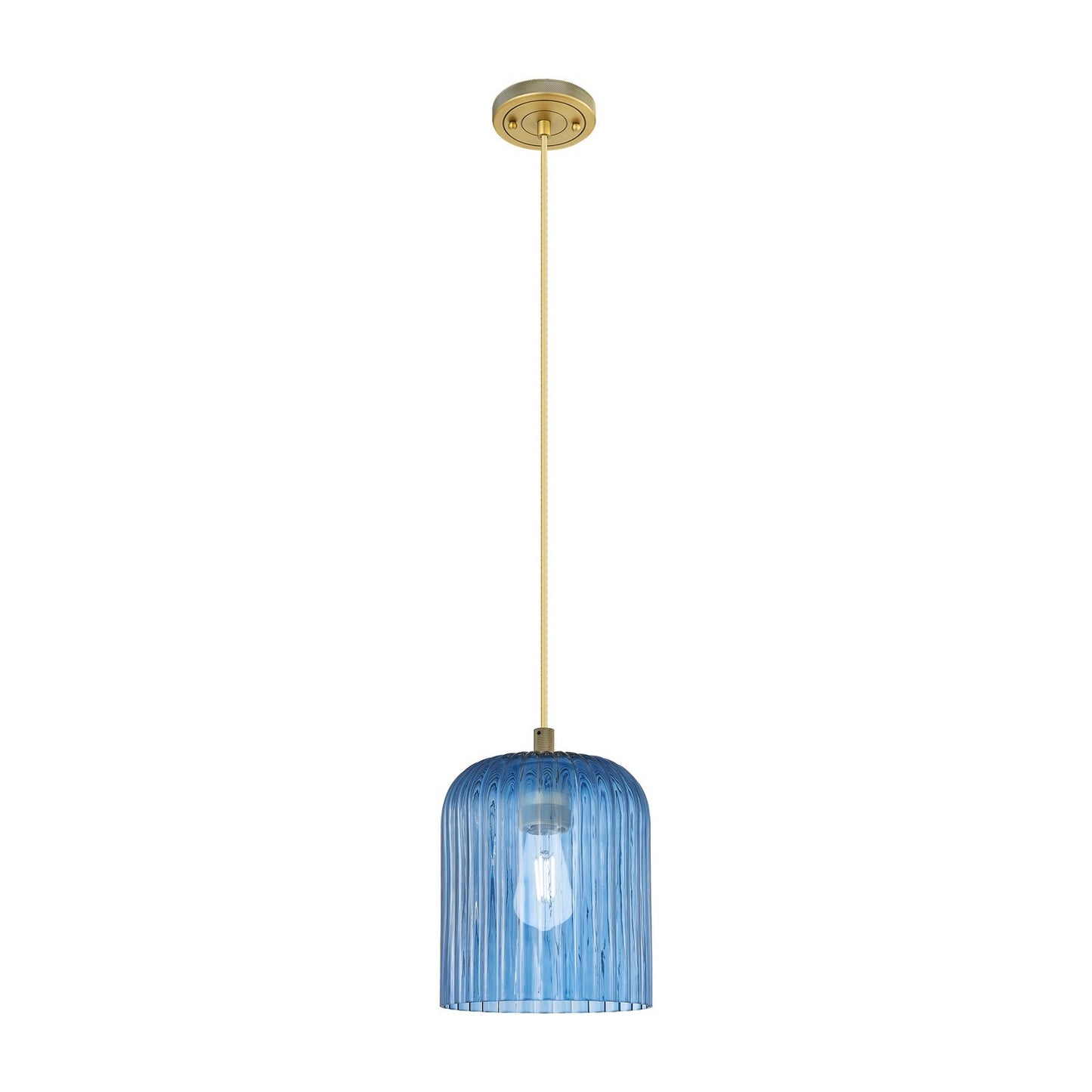 Innovations Crown Point 8in 1-Light Pendant | Industrial Brushed Brass and Princess Blue Glass | Kitchen Island & Dining | Model 434-1P-BB-G559-8BL