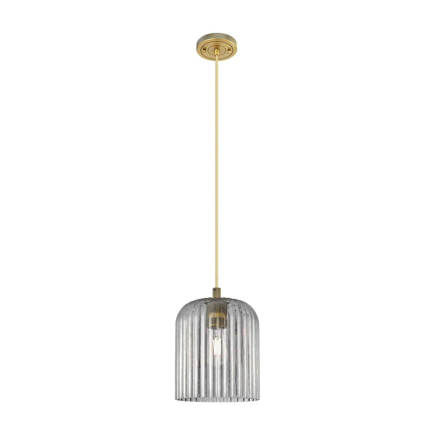 Innovations Crown Point 8in 1-Light Pendant | Industrial Brushed Brass and Light Smoke Glass | Kitchen Island & Dining | Model 434-1P-BB-G559-8SM