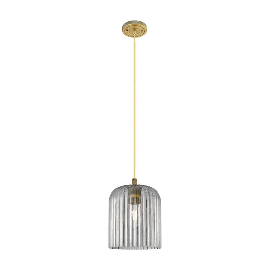 Innovations Crown Point 8in 1-Light Pendant | Industrial Brushed Brass and Light Smoke Glass | Kitchen Island & Dining | Model 434-1P-BB-G559-8SM