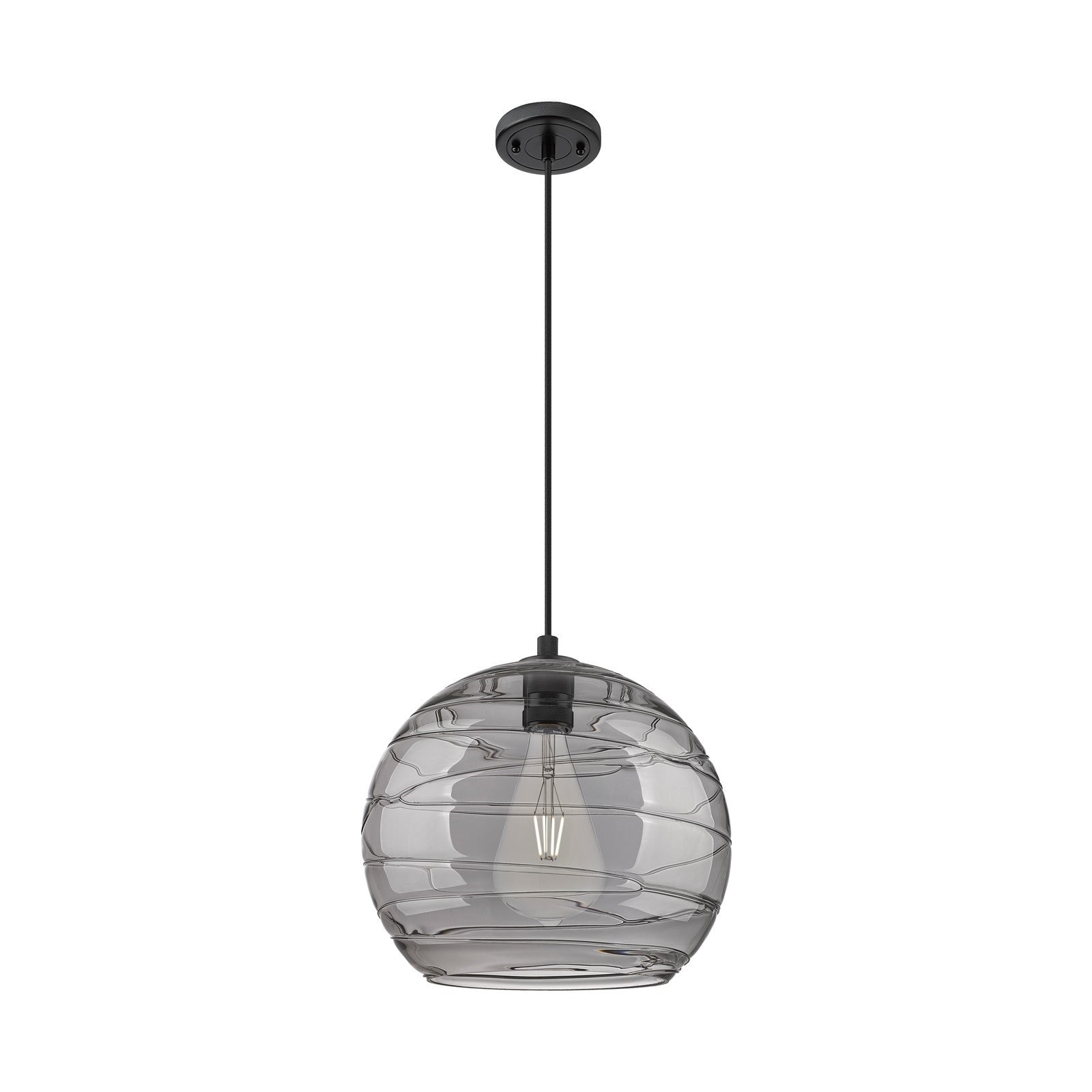 Innovations Athens Deco Swirl 14in 1-Light Pendant | Industrial Matte Black and Light Smoke Glass | Kitchen Island | Model 434-1P-BK-G1213-14SM