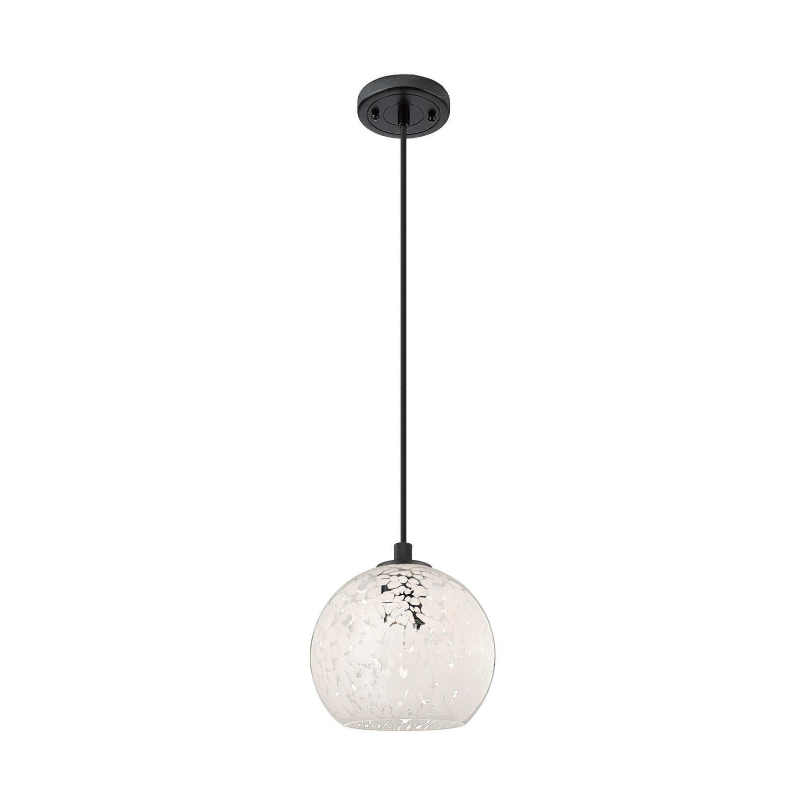 Innovations White Mouchette 8in 1-Light Pendant | Industrial Matte Black and White Mouchette Glass | Kitchen Island | Model 434-1P-BK-G1216-8WM