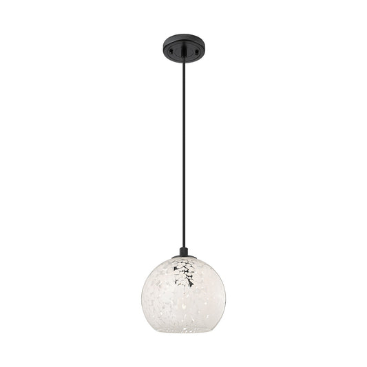 Innovations White Mouchette 8in 1-Light Pendant | Industrial Matte Black and White Mouchette Glass | Kitchen Island | Model 434-1P-BK-G1216-8WM