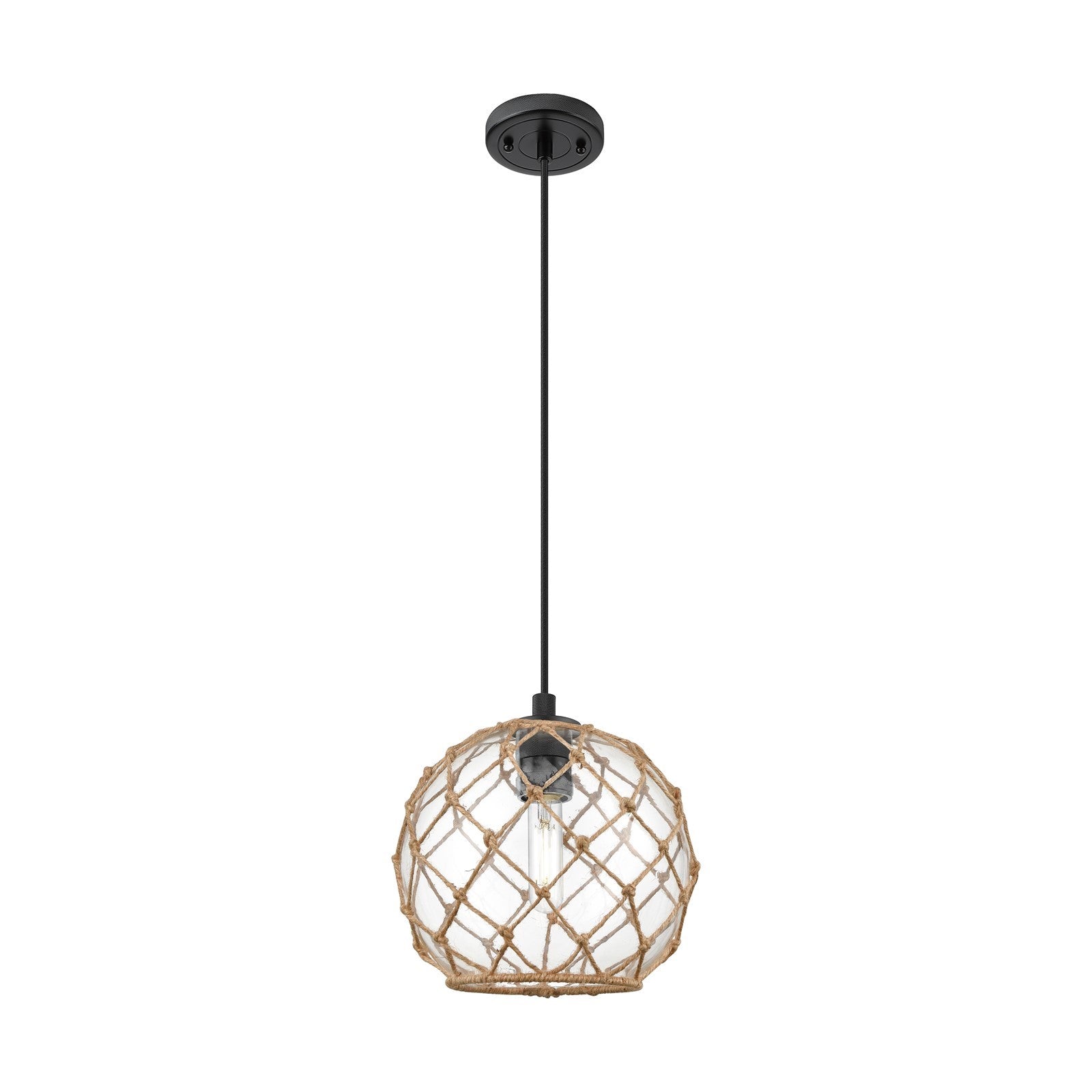 Innovations Farmhouse Rope 10in 1-Light Pendant | Industrial Matte Black and Clear Glass with Brown Rope | Kitchen Island | Model 434-1P-BK-G122-10RB