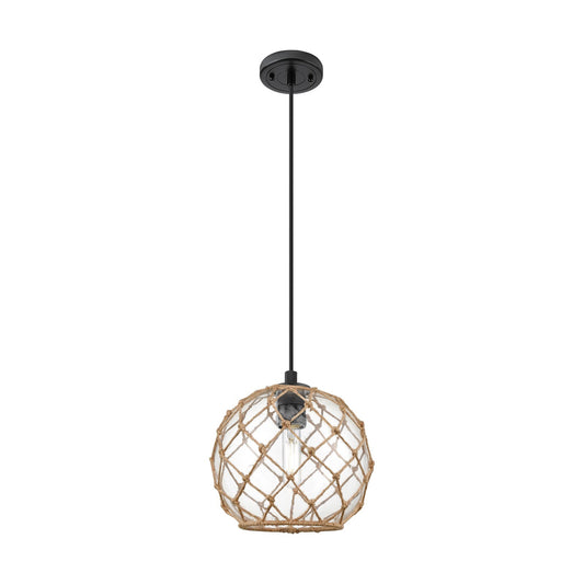 Innovations Farmhouse Rope 10in 1-Light Pendant | Industrial Matte Black and Clear Glass with Brown Rope | Kitchen Island | Model 434-1P-BK-G122-10RB