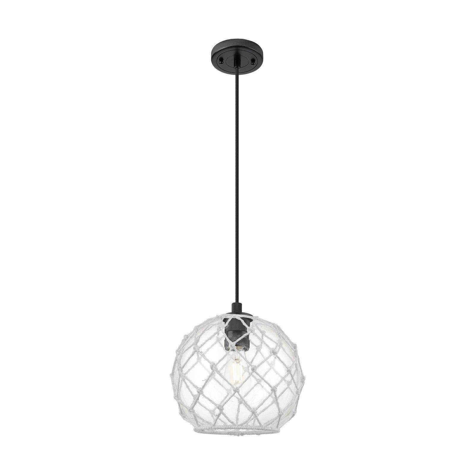 Innovations Farmhouse Rope 10in 1-Light Pendant | Industrial Matte Black and Clear Glass with White Rope | Kitchen Island | Model 434-1P-BK-G122-10RW